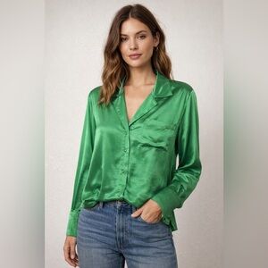 Pistola | Emerald Satin Button-Down Blouse